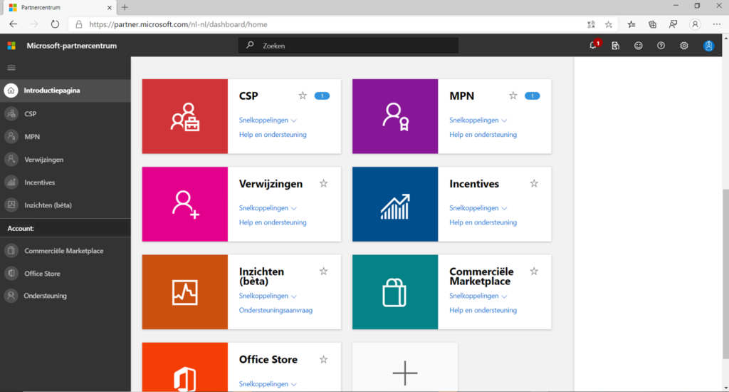 Screenshot van Microsoft Partnercenter Dashboard